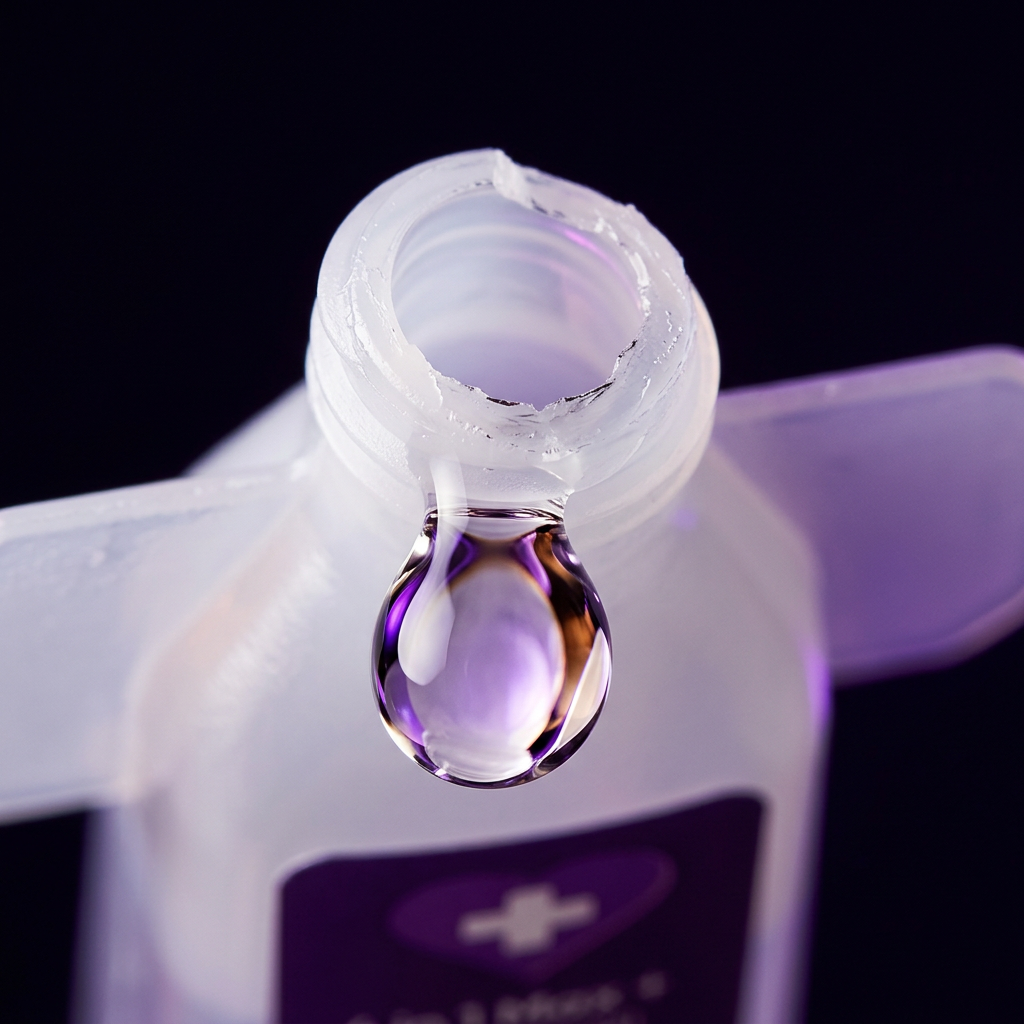 A single SURGE MAX ampoule with a clear purple-lit liquid drop hanging from the open tip