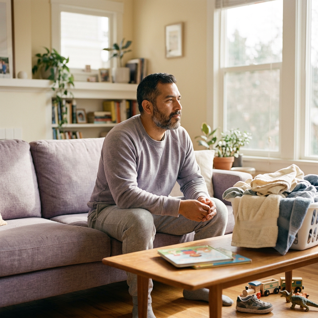 Latino man in his late 30s relaxing on a sun-filled living room couch