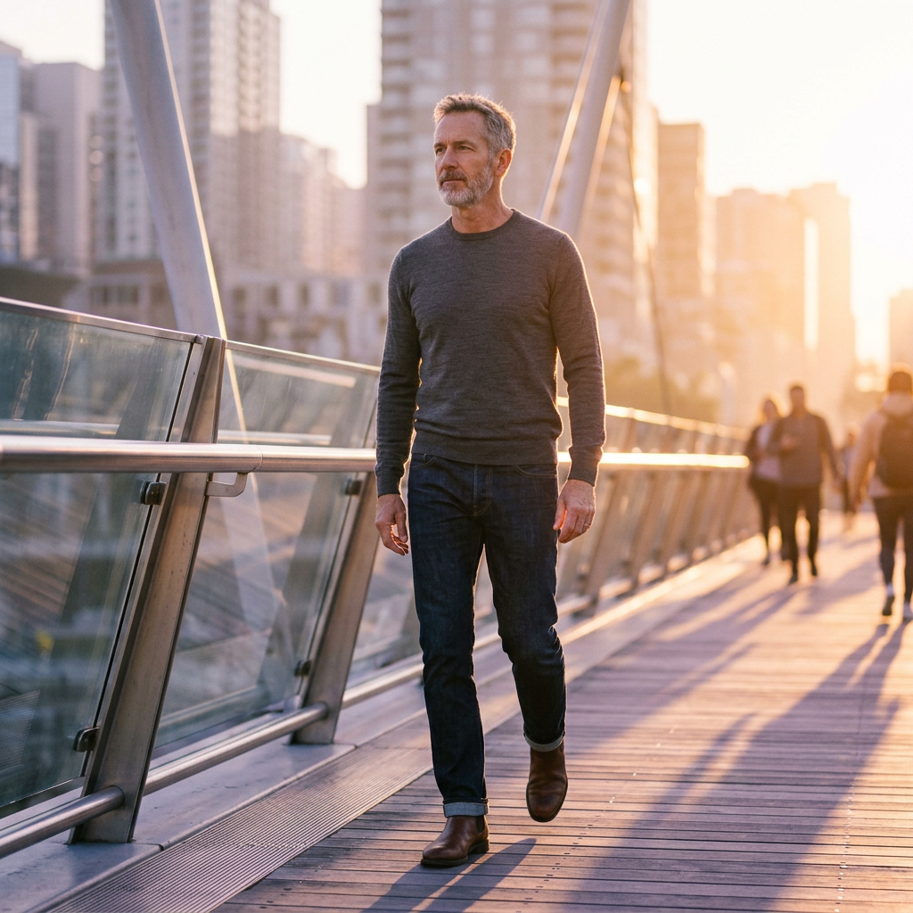 Man in his early 60s walking confidently on a modern footbridge at sunrise