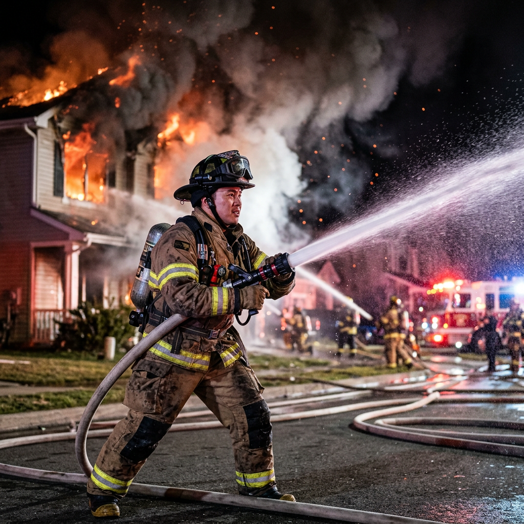 Firefighter battling a blaze, embers rising