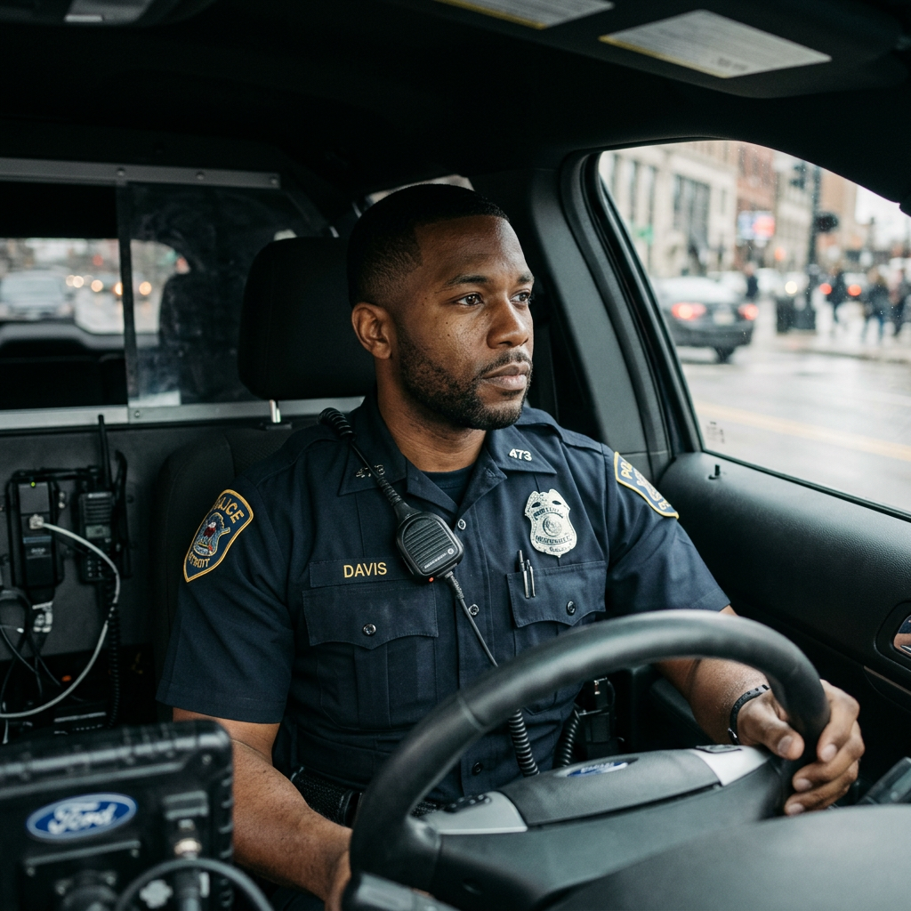 Police officer between calls, energy restored