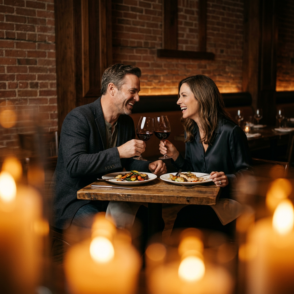 A couple at a candlelit restaurant laughing together over glasses of red wine