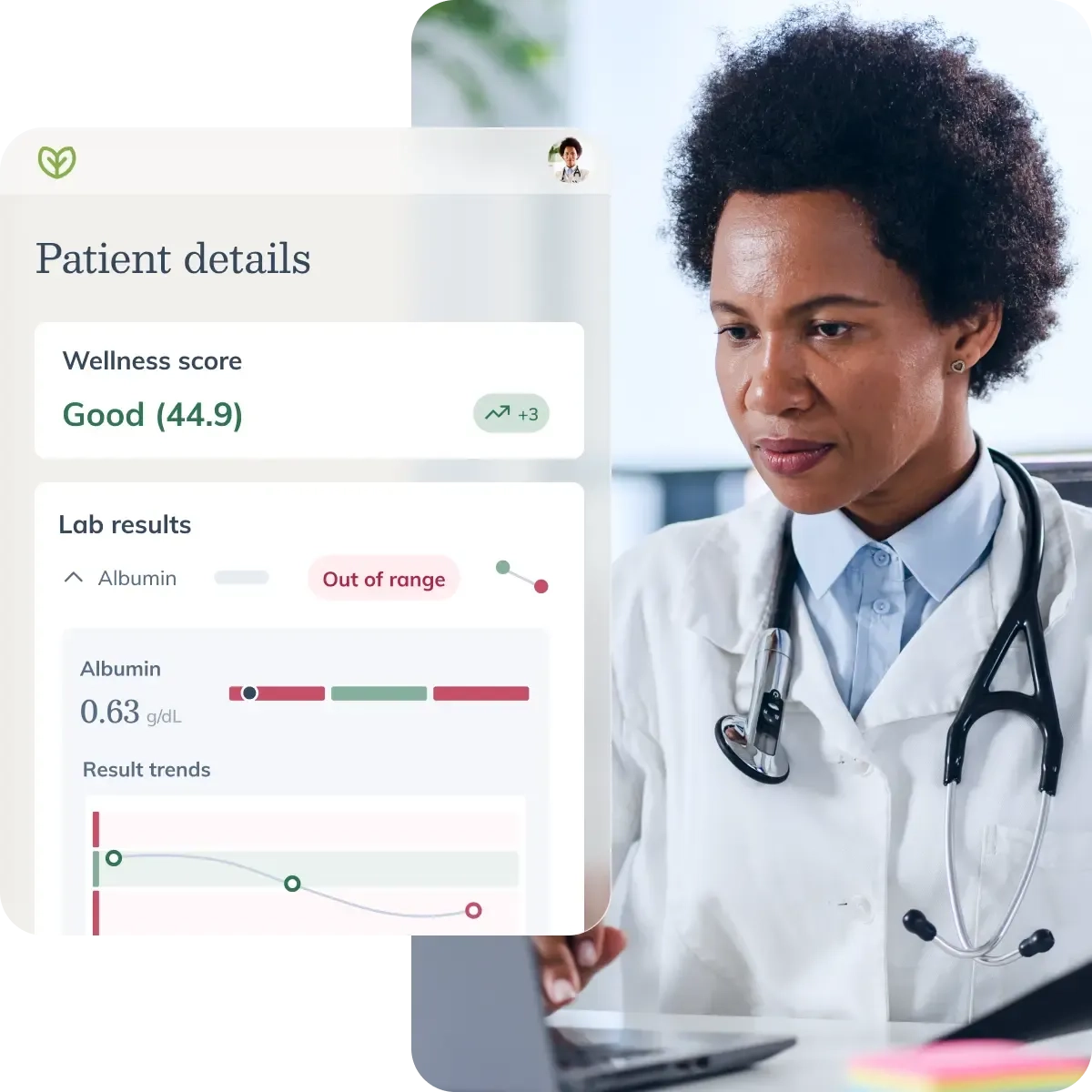Clinician reviewing a patient's wellness score and lab results in the DirectCare AI portal