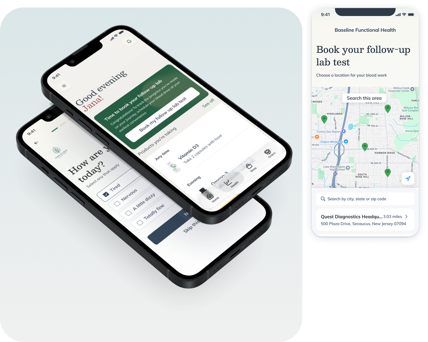 Portal home screen with daily guidance and one-tap follow-up lab booking
