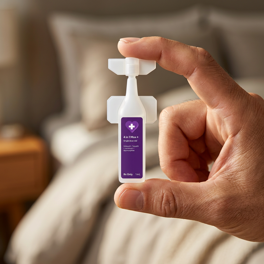 A man's hand holding a single SURGE MAX 4-in-1 ampoule in a warm modern bedroom