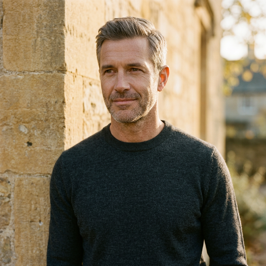 A confident fit man in his early fifties leaning against a warm stone wall at golden hour