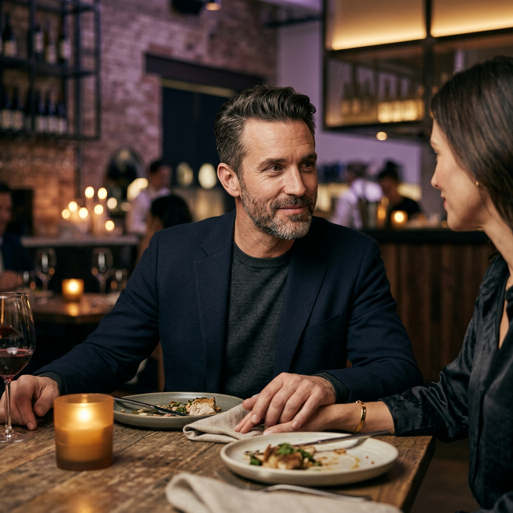 A confident man sharing a charged moment with his partner across a candlelit restaurant table