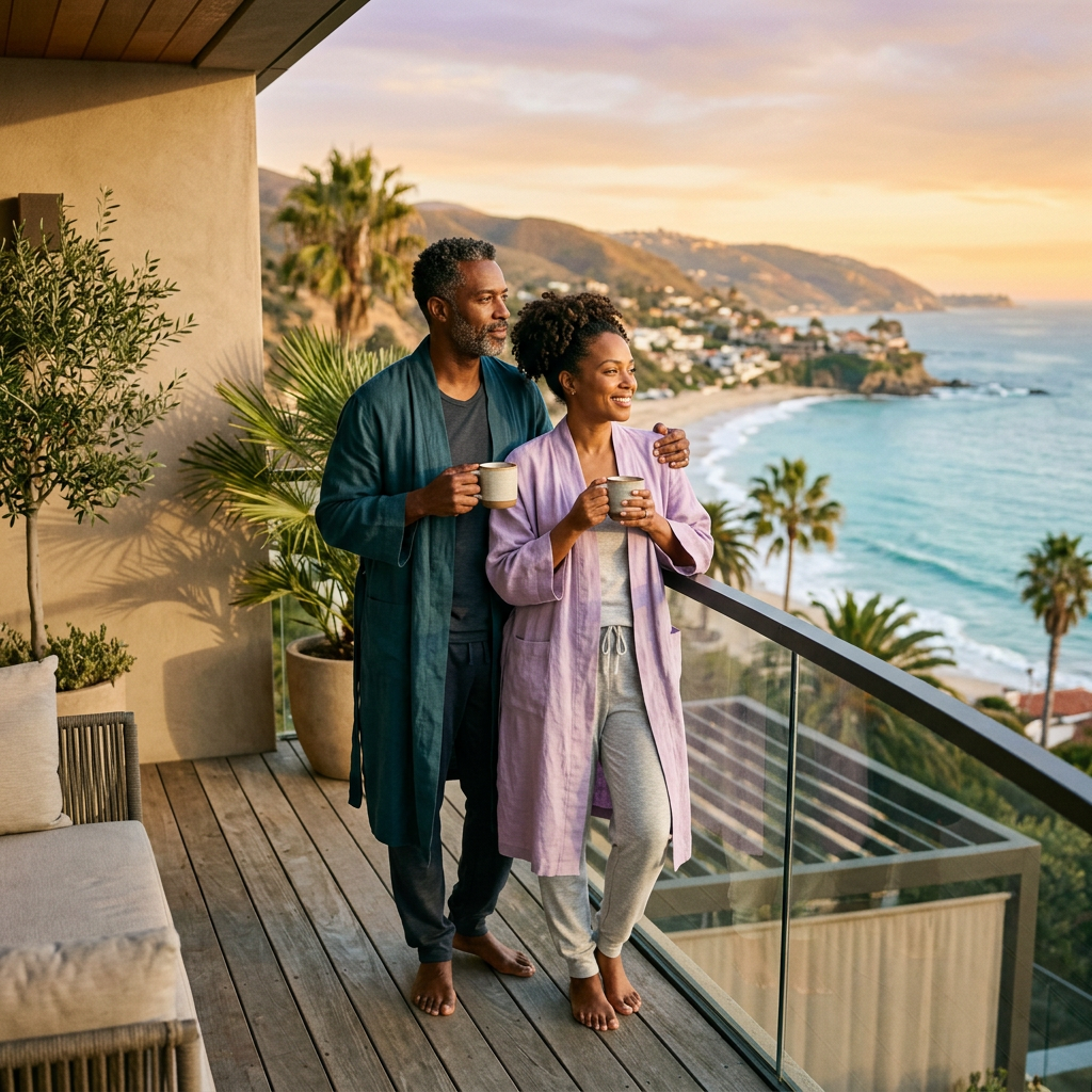 A couple on a coastal balcony at golden hour, sharing coffee